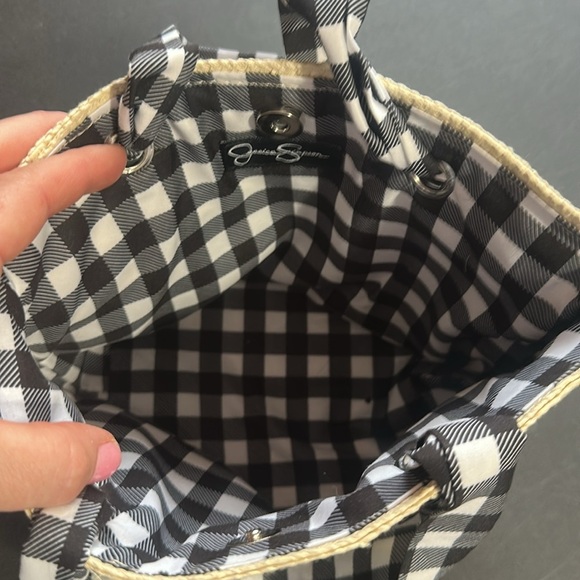 Jessica Simpson woven tote with checkered cloth straps 11” x 7” 4” - Picture 3 of 3